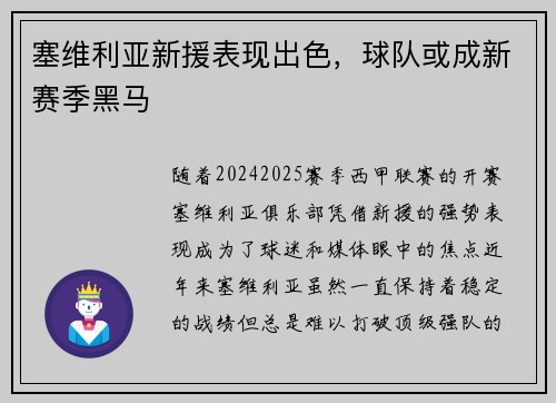 塞维利亚新援表现出色，球队或成新赛季黑马
